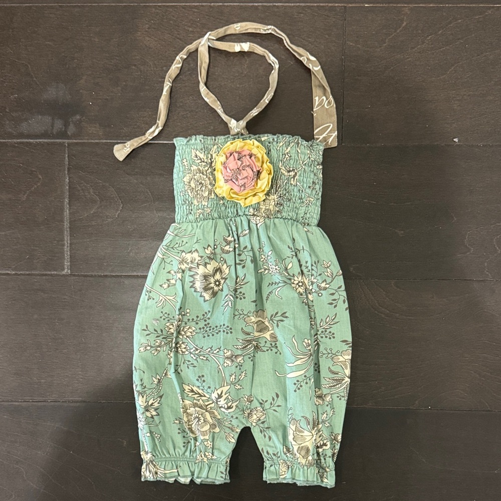 Mustard Pie Green Floral Romper with Yellow Flower